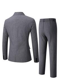 Manfinity Mode Men's Solid Color Lapel Neck Long Sleeve Blazer And Pants Suit Set - Dark Grey - View 2