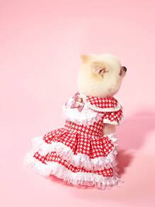 PETSIN Vestido retráctil para mascotas de malla con lazo de perlas 3D, estampado de pata de gallo minimalista y lindo, para primavera/verano - Multicolor - Ver 6