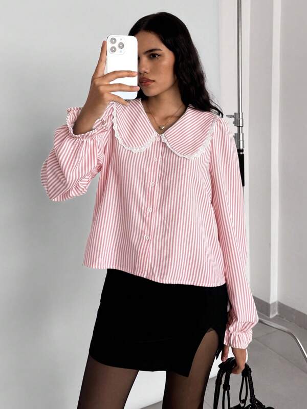 SHEIN Essnce Women Casual Striped Peter Pan Collar Long Sleeve Blouse