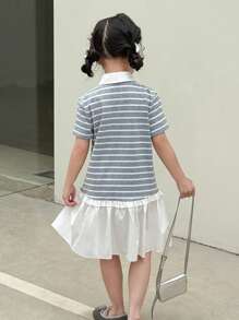 SHEIN Little Byeori 少女灰色条纹休闲短袖连衣裙，带荷叶边领口和下摆 - 彩色 - 查看 5