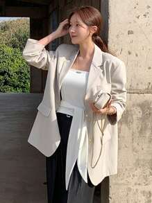 DAZY Women's Casual Loose Suit Jacket, Single-Breasted Design, High-Quality Chic Style Business Attire - Khaki - View 4