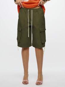 SUMWON WOMEN Military Style Parachute Cargo Bermuda Shorts Drawstring Waist Knee Length Festival Utility Bottoms - Army Green - View 1