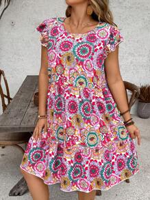 SHEIN VCAY Đầm thường ngày họa tiết hoa ngày lễ cỡ lớn cho nữ cổ tròn tay lửng viền bèo nhún - Nhiều màu - Xem 4