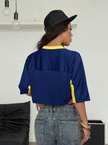 Coolane 女士夏季巴西狂欢节街头服饰 Y2K 外出运动装巴西图案拼布短款 T 恤 - 藏蓝色 - 查看 5