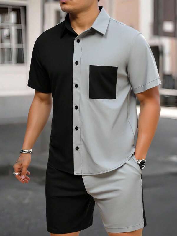Manfinity Homme 2pcs Men's Contrast Color Short Sleeve Single-Breasted Pocket Shirt And Shorts Set, Summer Men Color Block Sets Men 2 Piece Casual Outfits