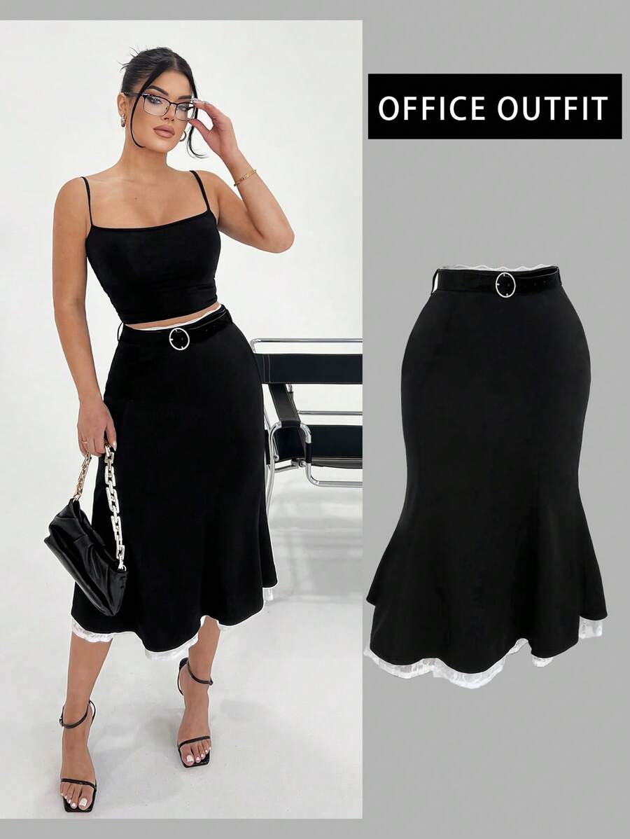 SHEIN SXY Black Color Block Lace Mermaid Skirt, Business Casual,Siren Wind,Office,Work,Summer,Teacher,Old Money Style - Black and White - View 1