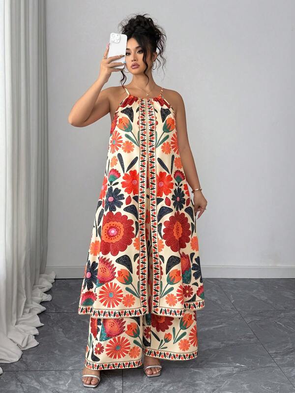 Elenzga Conjunto de blusa holgada sin mangas con estampado y pantalón casual holgado en estilo bohemio para mujer de talla grande