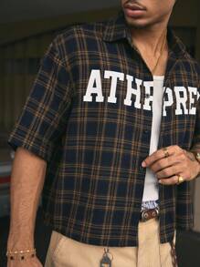 AXEPEAK 男士休闲格子宽松短袖衬衫，夏季，校园，街头风 - 淺藍色 - 查看 4