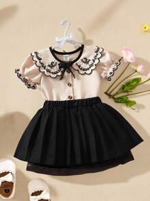 Souflis Souflis Summer New Baby Girls Vintage Embroidered Peter Pan Collar Short Sleeve Blouse + Black Skirt 2-Piece Set - Khaki - View 1
