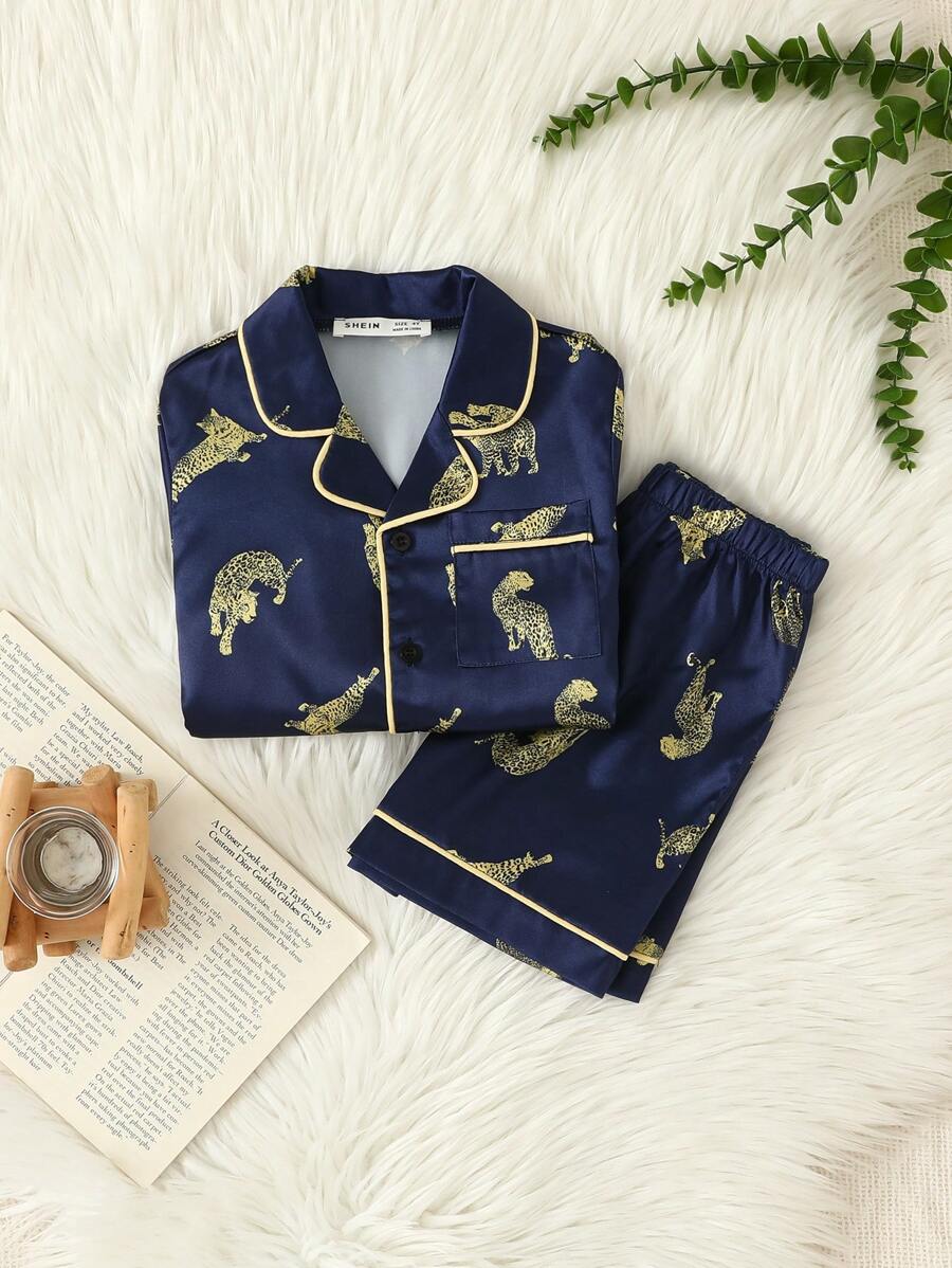 2pcs/Set Toddler Boys' Simple & Fashion Casual Tiger Print Short Sleeve T-Shirt And Shorts Underwear Set