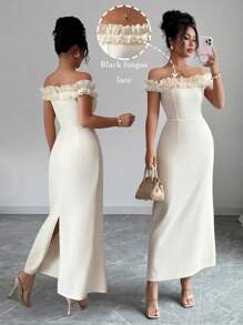 Elenzga 1 Stück Damen Elegant Romantik Kleid mit Rüschen-Trim an der Schulter und Taille