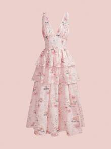 SHEIN Unity Elegant Pink Long Floral Print Halter Neck Ruffle Dress, Romantic For Banquets, Dates, Gatherings, Summer - Pink - View 1