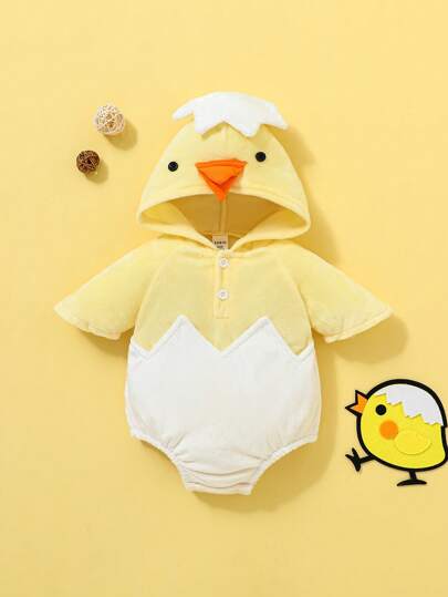 SHEIN Playful Pals New Arrival 2024 Comfortable And Cute Baby Boys' Chick Shaped Hooded Bodysuit, Thermal Lined