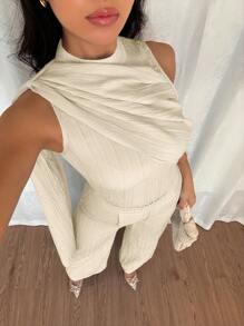 女士优雅夏季服装：蓝色立领无袖上衣，配腰带和宽松阔腿裤 - 杏色 - 查看 5