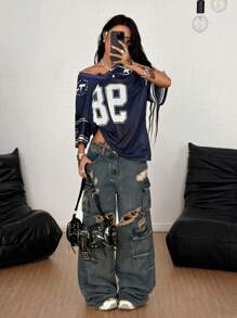 Coolane Women's Spring/Summer Festival Going Out Streetwear Vintage Breathable Mesh Number Pattern Graphics Baseball Jersey Blue  Jersey T-Shirt - Navy Blue - View 5