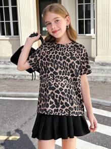SHEIN Tween Girl Leopard Print Relaxed Round Neck Short Sleeve T-Shirt - Brown - View 1