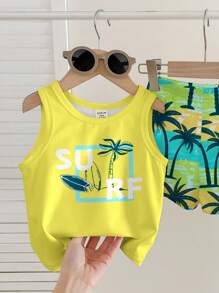 SHEIN Young Boy Casual Fashionable Printed Coconut Tree Pattern Vest And Patchwork Coconut Tree Print Shorts 2 Pieces Set, Suitable For Spring/Summer, Beach Vacation
