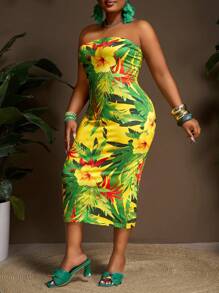 Slaydiva 大码女式热带印花修身抹胸连衣裙，夏季海滩度假风格