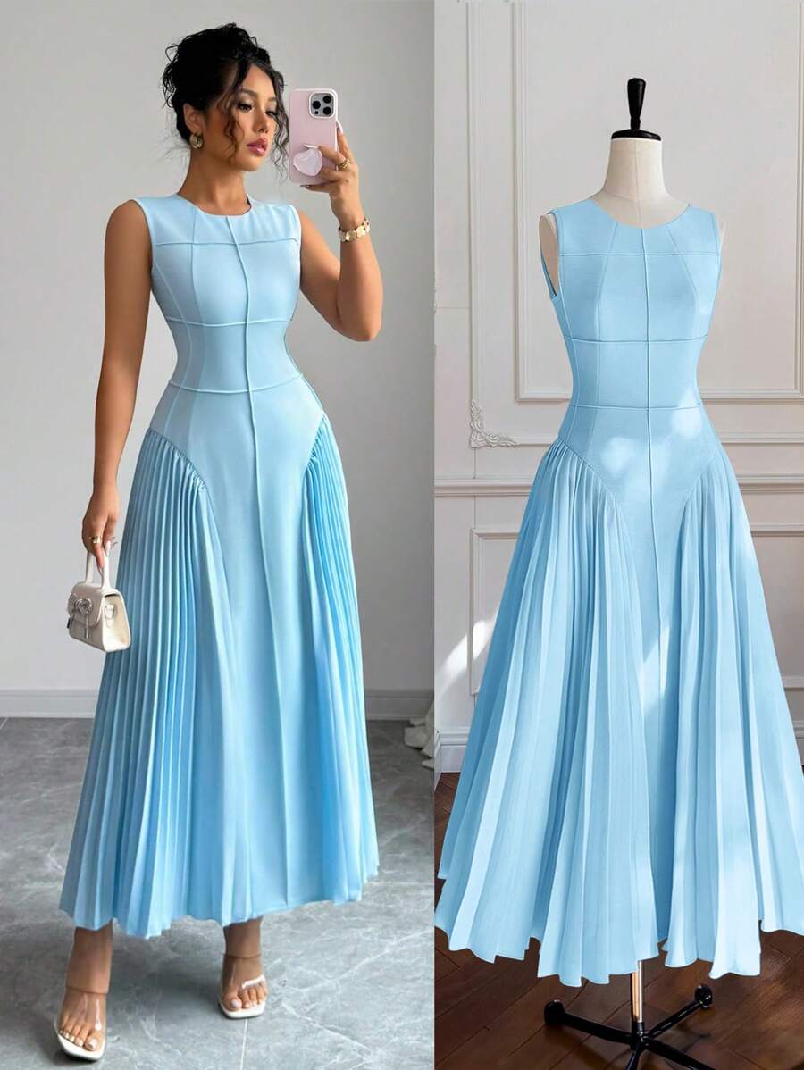 Rafferiza Women's Spring/Summer Minimalist Design Mock Neck Sleeveless Pleated Hem Maxi Knit Dress - Blue - View 1