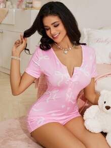 SweetSlumber 女士蝴蝶结装饰圆领短袖休闲连体睡衣套装，夏季 - 彩色 - 查看 6