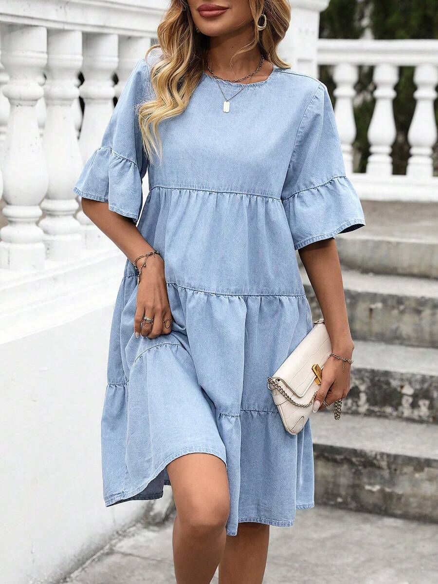 EMERY ROSE Women's Plain Round Neck Raglan Sleeve Ruffled Casual Denim Babydoll Dress For Summer - Blue and White - View 1