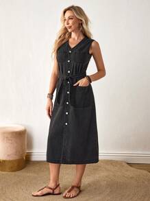 SHEIN LUNE Women's Solid Color Simplistic Casual Sleeveless Denim Dress - Grey - View 3
