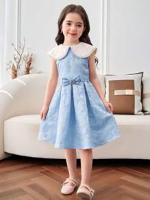 少女珍珠装饰大翻领拼接花卉提花中长A字连衣裙，披肩领，蛋糕裙，花童装，可爱优雅甜美复古时尚。适合母女/姐妹亲子装，家庭度假，日常穿着，居家聚会及特殊场合，姐妹装，华丽公主风，派对装，生日装，春夏款。 - 藍色 - 查看 5