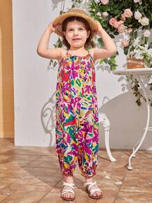 SHEIN Mono informal de pierna ancha con estampado floral para niña, estilo de vacaciones