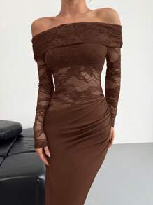 Firerie Women Elegant Sexy Minimalist Fashion Alluring Valentines Party Date Off Shoulder Textured Mesh Sheer Pintuck Low Waist Form-Fitting Red Long Sleeve Dress