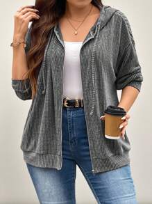 SHEIN LUNE Áo nỉ dáng rộng vai rớt có dây rút, thích hợp cho mùa xuân và thu, đi du lịch sân bay, lễ tốt nghiệp, tựu trường, đồng phục giáo viên mùa đông thu. - Xám - Xem 1