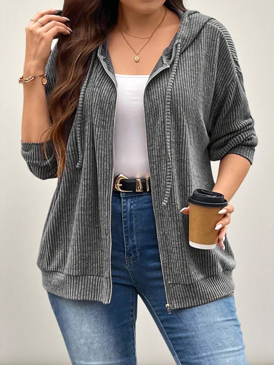 SHEIN LUNE Áo nỉ dáng rộng vai rớt có dây rút, thích hợp cho mùa xuân và thu, đi du lịch sân bay, lễ tốt nghiệp, tựu trường, đồng phục giáo viên mùa đông thu. - Xám - Xem 1