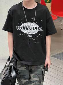 DAZY Camiseta de manga corta de cuello redondo con estampado de letras informal para niños preadolescentes, ropa de verano y de vuelta al colegio
