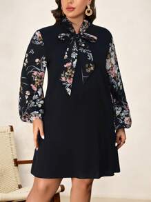 Chikora Talla grande Vestido con estampado floral de cuello con cordón de manga farol