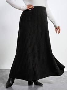 SHEIN Clasi Women's A-Line Flared Skirt In Black, Plus Size, Autumn - Black - View 5