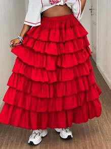 Maweii Plus Size Solid Color Pleated Multi-Layer Ruffle Skirt, Elegant & Sexy For Party - Red - View 4
