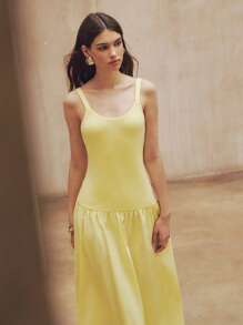 SHEIN Unity Vestido de mujer de un solo color con tirantes de espagueti y bajo retazado, de moda y versátil para primavera/verano - Amarillo - Ver 4