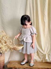 Baby Girl Round Neck Puff Sleeve Princess Style Mesh Dress - Grey - View 1