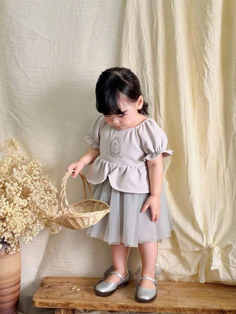 Baby Girl Round Neck Puff Sleeve Princess Style Mesh Dress - Grey - View 1