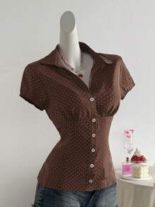 Elamini Polka Dot Print Lapel Fitted Short Sleeve Women Blouse - Brown - View 3