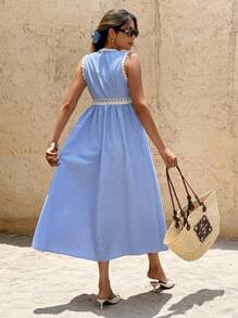 SHEIN Frenchy Women's French Sleeveless  Blue And White Striped Deep V-Neck Striped Lace Maxi Dress Daily Commuter Wear Dresses For Women Summer Outfits For Women Beach Outfits For Woman Vacation Outfits Woman Western Wear Women Work Summer Dresses Woman S Summer Clothes Fall Women Clothes 4th Of July Outfit Women  Teacher Outfits For Women