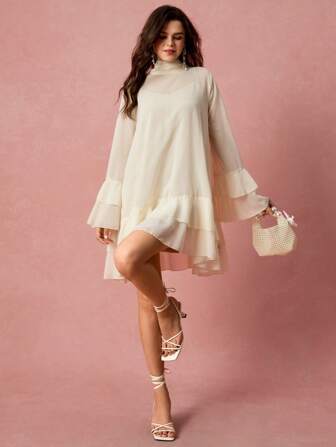 Enchnt Vestido Elegante Feminino de Cor Sólida com Manga Flare, Laço e Barra com Babado