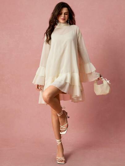 Enchnt Vestido Elegante Feminino de Cor Sólida com Manga Flare, Laço e Barra com Babado