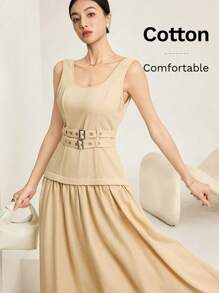 Heiryn Women's Solid Color Waistband Elegant Sleeveless Arabic Dress - Khaki - View 1