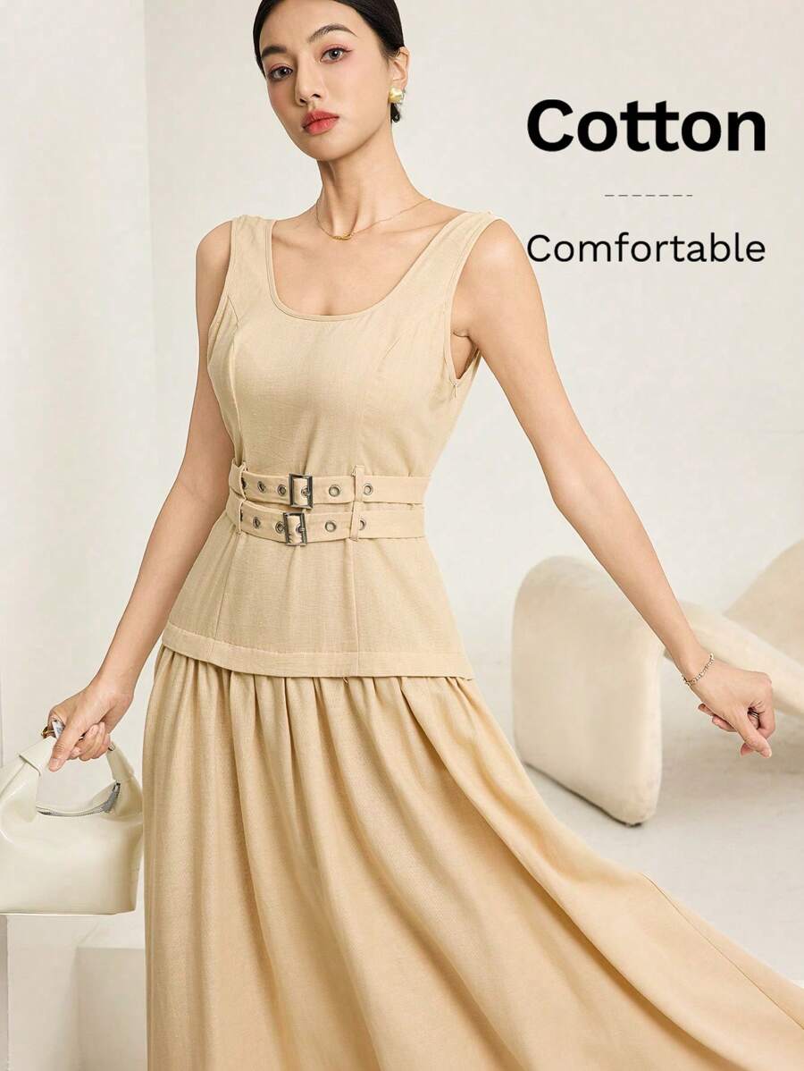 Heiryn Women's Solid Color Waistband Elegant Sleeveless Arabic Dress - Khaki - View 1