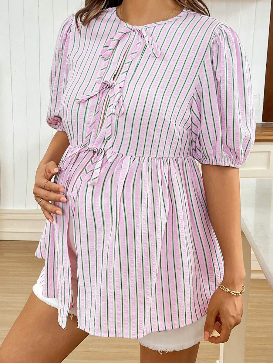 SHEIN Casual Maternity Stripe Front Tie Short Puff Sleeve Shirt Summer Tops Ruffle Maternity Tops Pink And Green Stripes - Pink - View 1