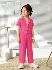 SHEIN Conjunto de camisa casual de cor sólida com gola de lapela e estilo de rua para meninas