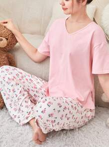 SHEIN 青少女實色針織v領t卹和花卉褲子家居服 - 粉色 - 查看 1