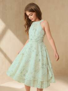 SHEIN 女孩优雅奢华美丽的绿色露背无袖中长连衣裙，适合节日、婚礼、花童、节庆、表演、舞会、派对、生日等场合 - 綠色 - 查看 3