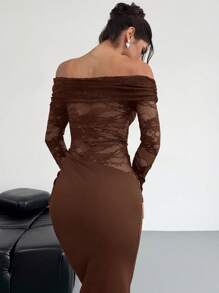 Firerie Women Elegant Sexy Minimalist Fashion Alluring Valentines Party Date Off Shoulder Textured Mesh Sheer Pintuck Low Waist Form-Fitting Red Long Sleeve Dress