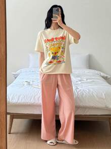 DAZY Conjunto de pijama para mujer con Top de camiseta holgada con estampado de dibujos animados lindos y pantalones de unicolor